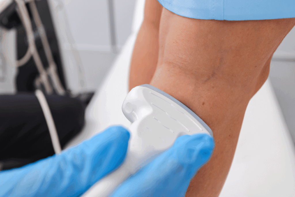 Medical professional in blue gloves performing a venous ultrasound examination on a patient's leg.